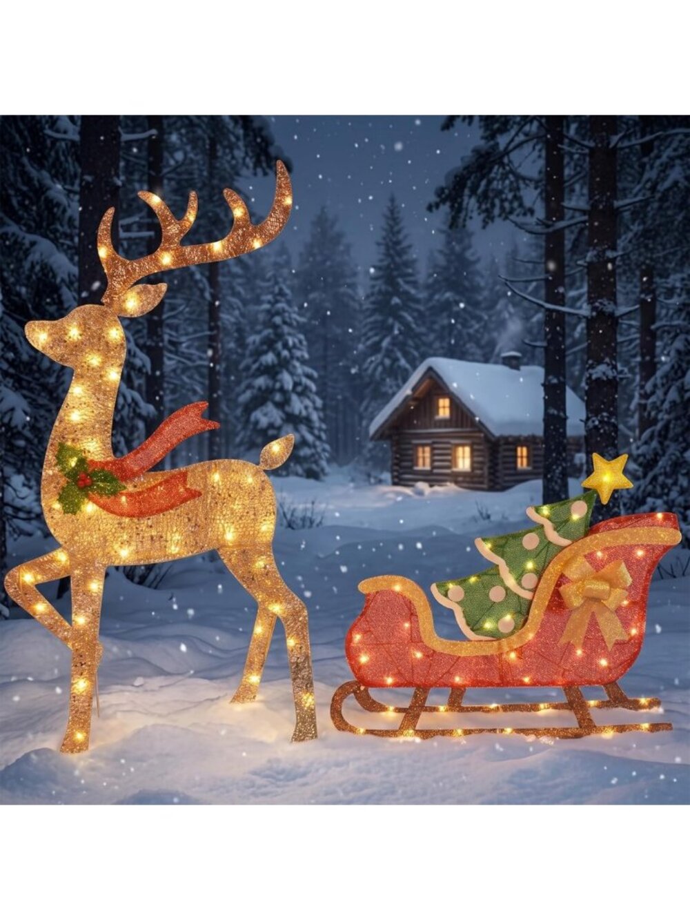 43-Inch Lighted Reindeer & Sleigh Outdoor Christmas Decor - Holiday Yard Display